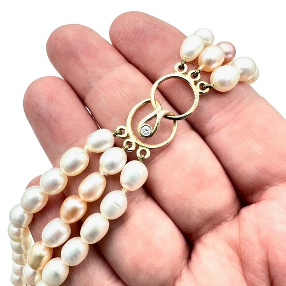 14K Gold Diamond Clasp Womens Multi Strand Pearl Estate Necklace Original Box - Picture 6 of 9